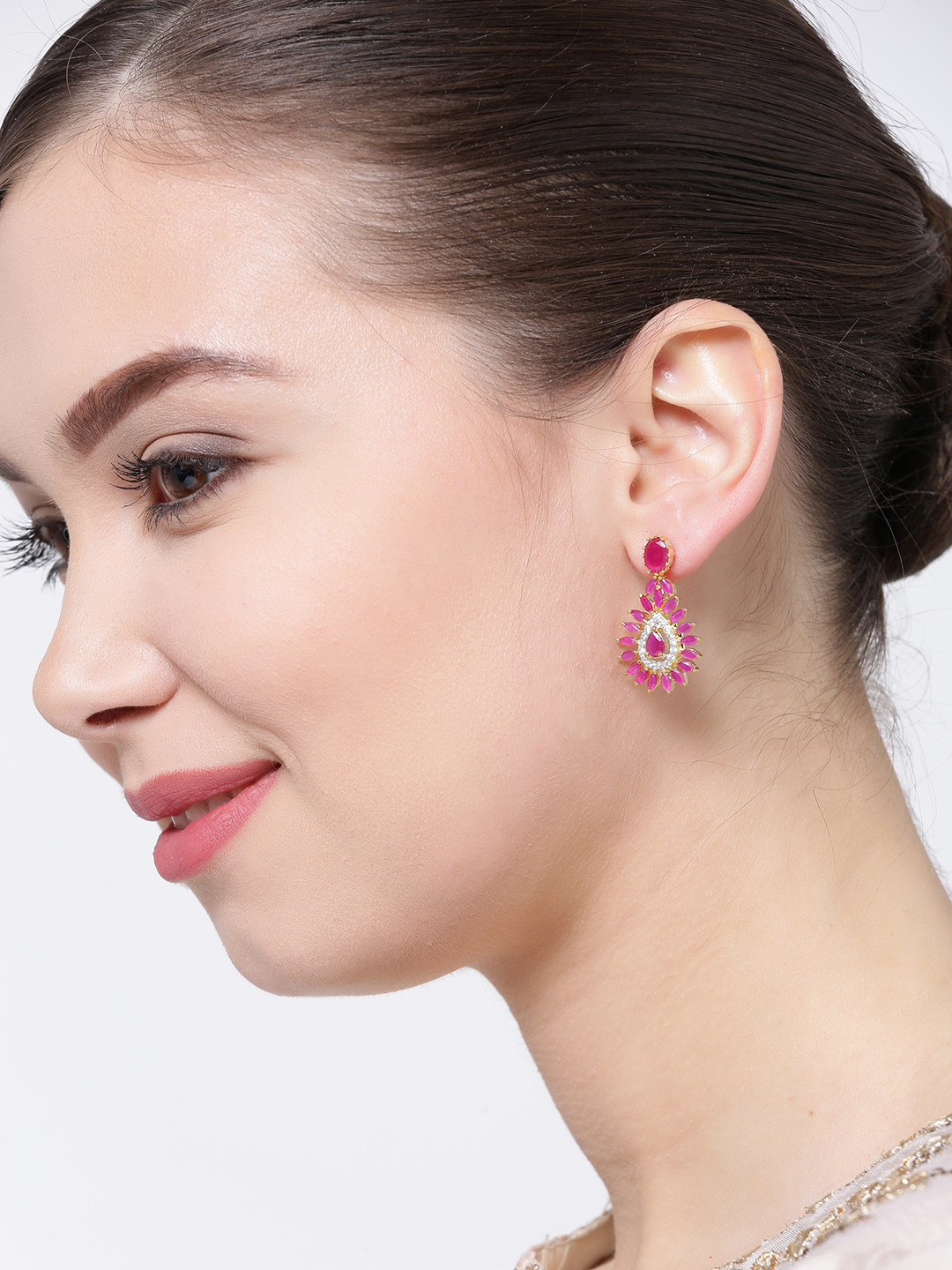 YouBella Pink Gold-Plated Teardrop Shaped Drop Earrings